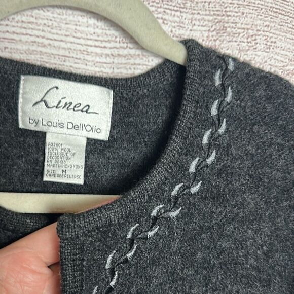 Boiled Wool Cardigan Jacket LINEA Louis Dell'Olio Gray Embroidered Open Front M - Picture 6 of 11